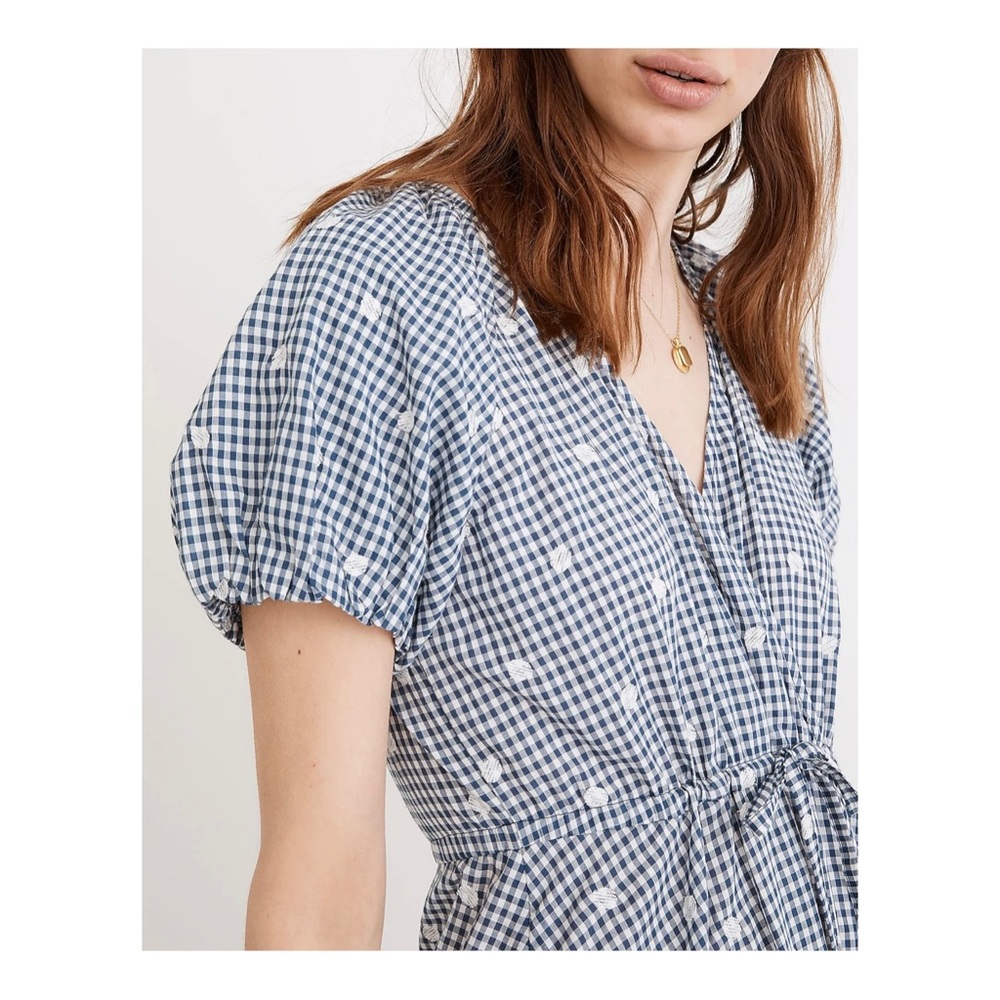 Embroidered Gingham Faux-Wrap Tie-Waist Midi Dress / SMALL / NAVY SHORELINE